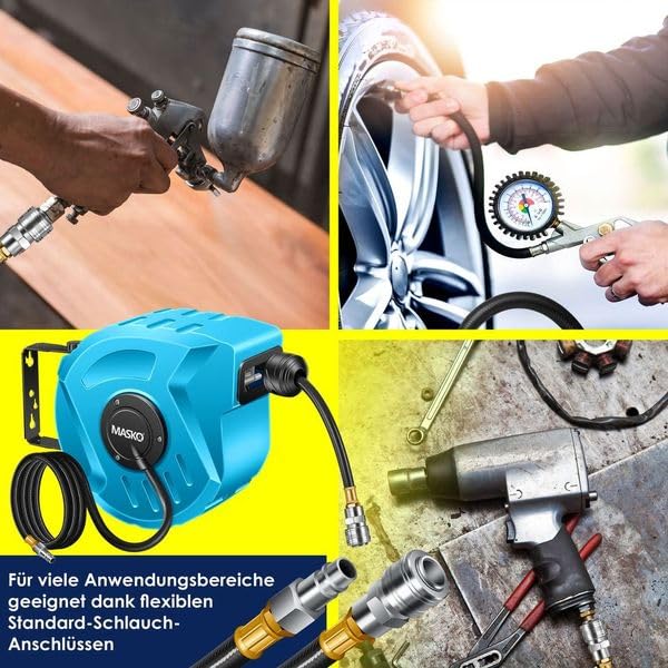 MASKO® Druckluftschlauch Aufroller automatisch 1/4 Anschluss - Schlauchtrommel Wandschlauchhalter Schlauchaufroller - -trommel, Blau