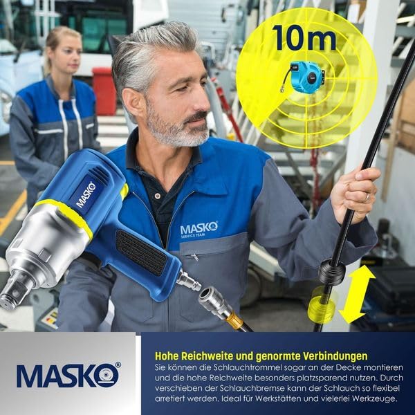 MASKO® Druckluftschlauch Aufroller automatisch 1/4 Anschluss - Schlauchtrommel Wandschlauchhalter Schlauchaufroller - -trommel, Blau