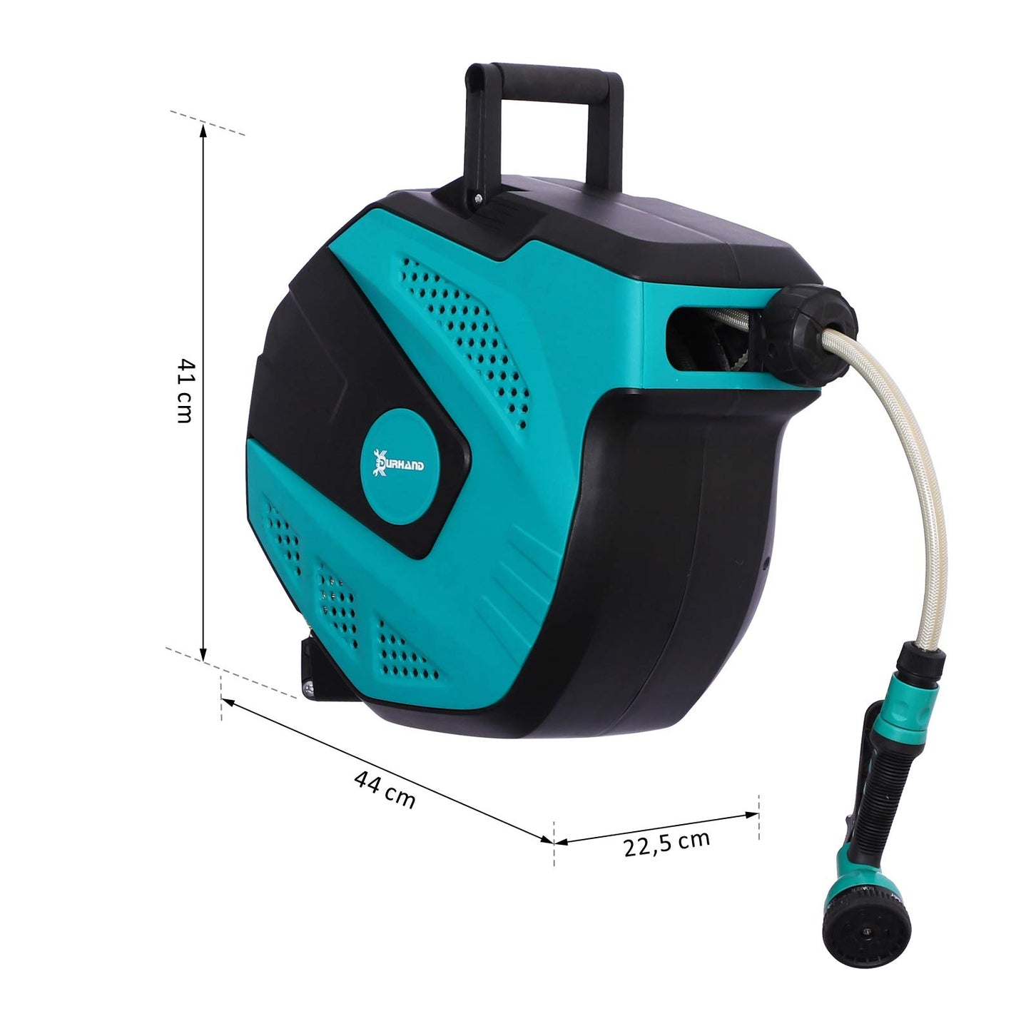 DURHAND Wandschlauchbox Schlauchtrommel 180° schwenkbar mit Multibrause Frostschutz -5–45 °C Kunststoff Grün + Schwarz 15 m