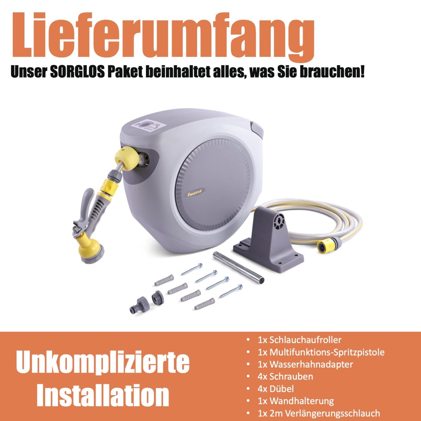 FANZTOOL 35m Schlauchtrommel mit Wandhalterung & 8-Funktionen-Brause, Automatik-Aufrollung, 180° schwenkbar, RoHS geprüft