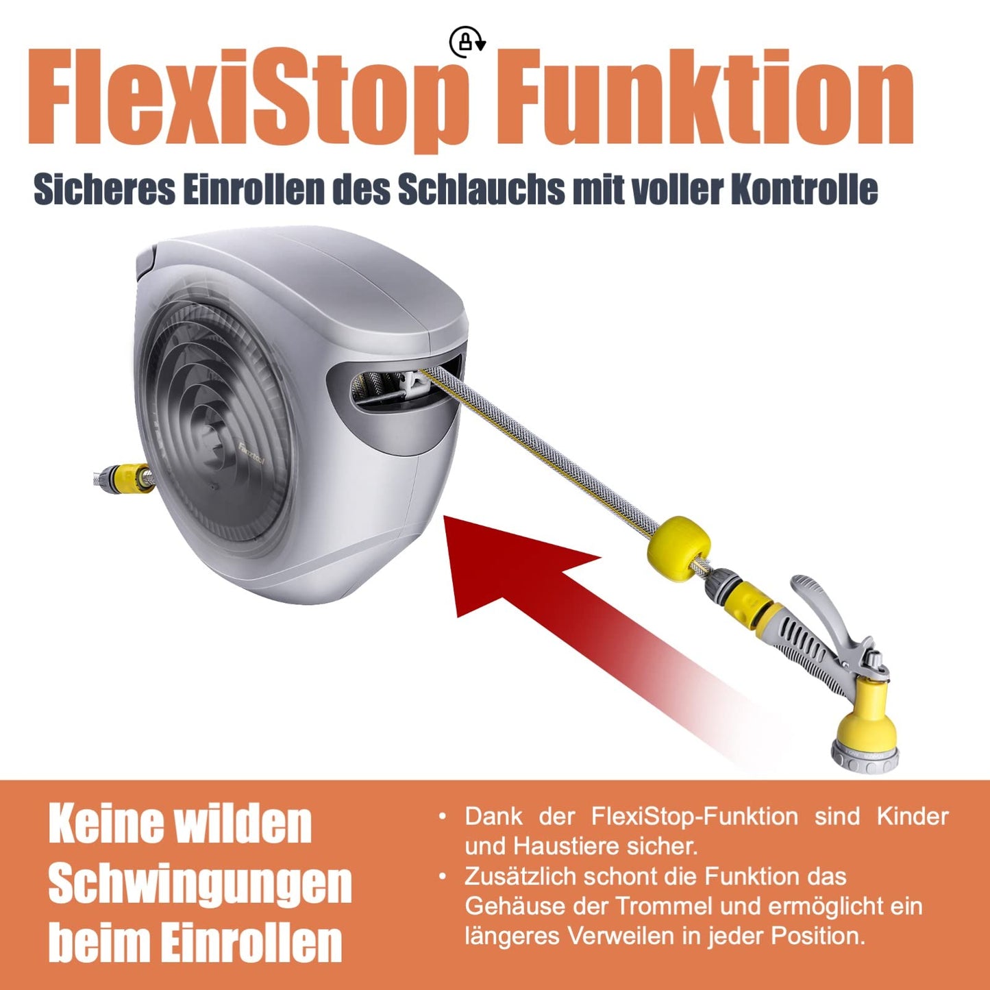 FANZTOOL 35m Schlauchtrommel mit Wandhalterung & 8-Funktionen-Brause, Automatik-Aufrollung, 180° schwenkbar, RoHS geprüft