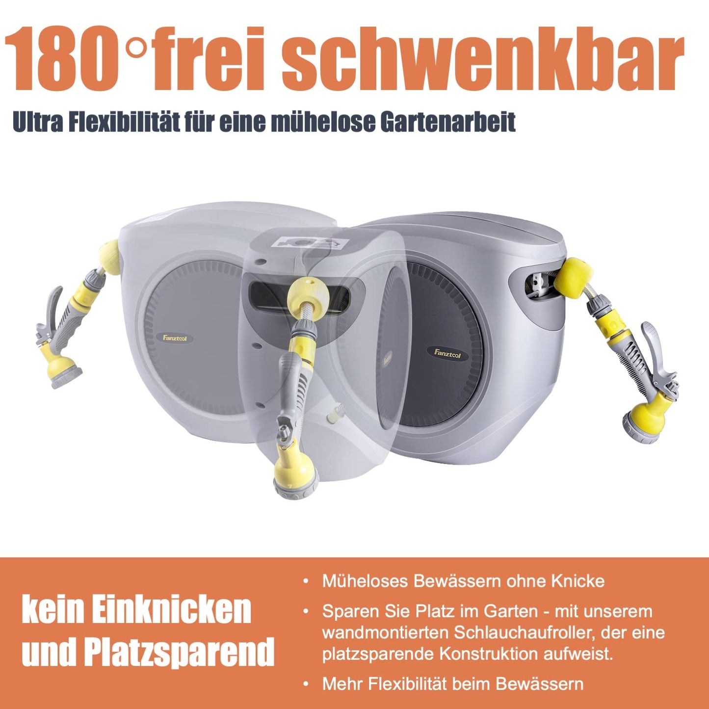 FANZTOOL 35m Schlauchtrommel mit Wandhalterung & 8-Funktionen-Brause, Automatik-Aufrollung, 180° schwenkbar, RoHS geprüft