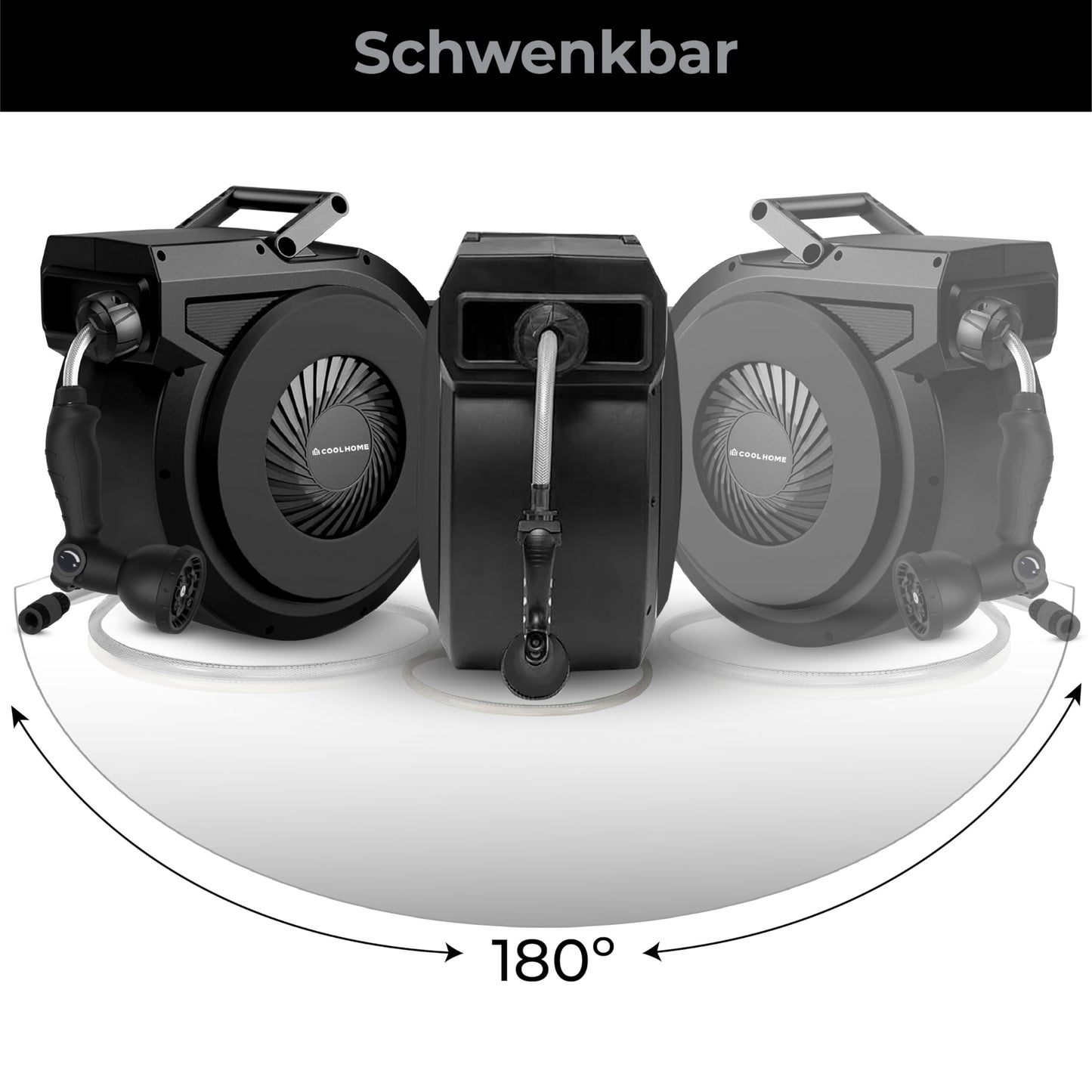 CoolHome Schlauchtrommel 38 + 2 Meter - Gartenschlauch mit Rolle - Schlauchhalter 180° drehbar - Gartenschlauchrolle - Schwarz