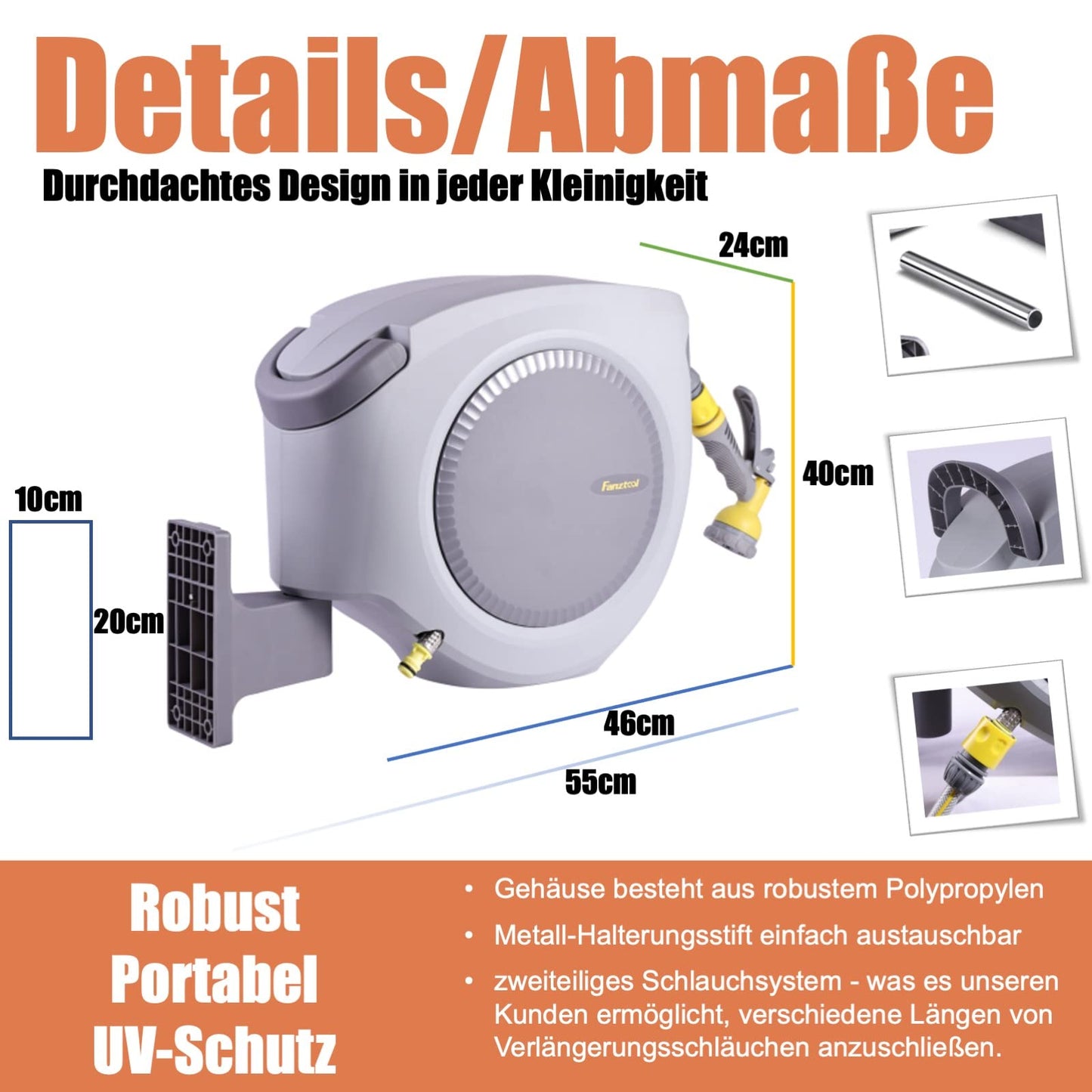 FANZTOOL 35m Schlauchtrommel mit Wandhalterung & 8-Funktionen-Brause, Automatik-Aufrollung, 180° schwenkbar, RoHS geprüft