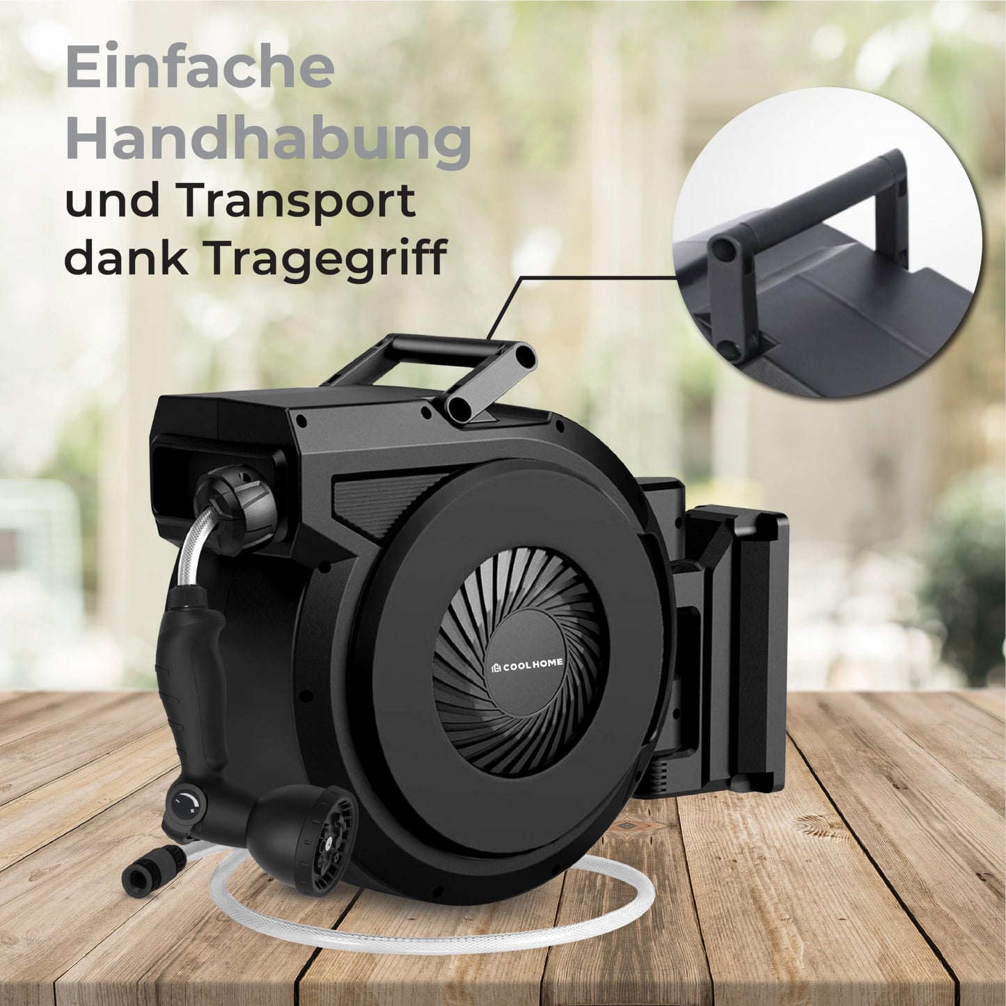 CoolHome Schlauchtrommel 38 + 2 Meter - Gartenschlauch mit Rolle - Schlauchhalter 180° drehbar - Gartenschlauchrolle - Schwarz