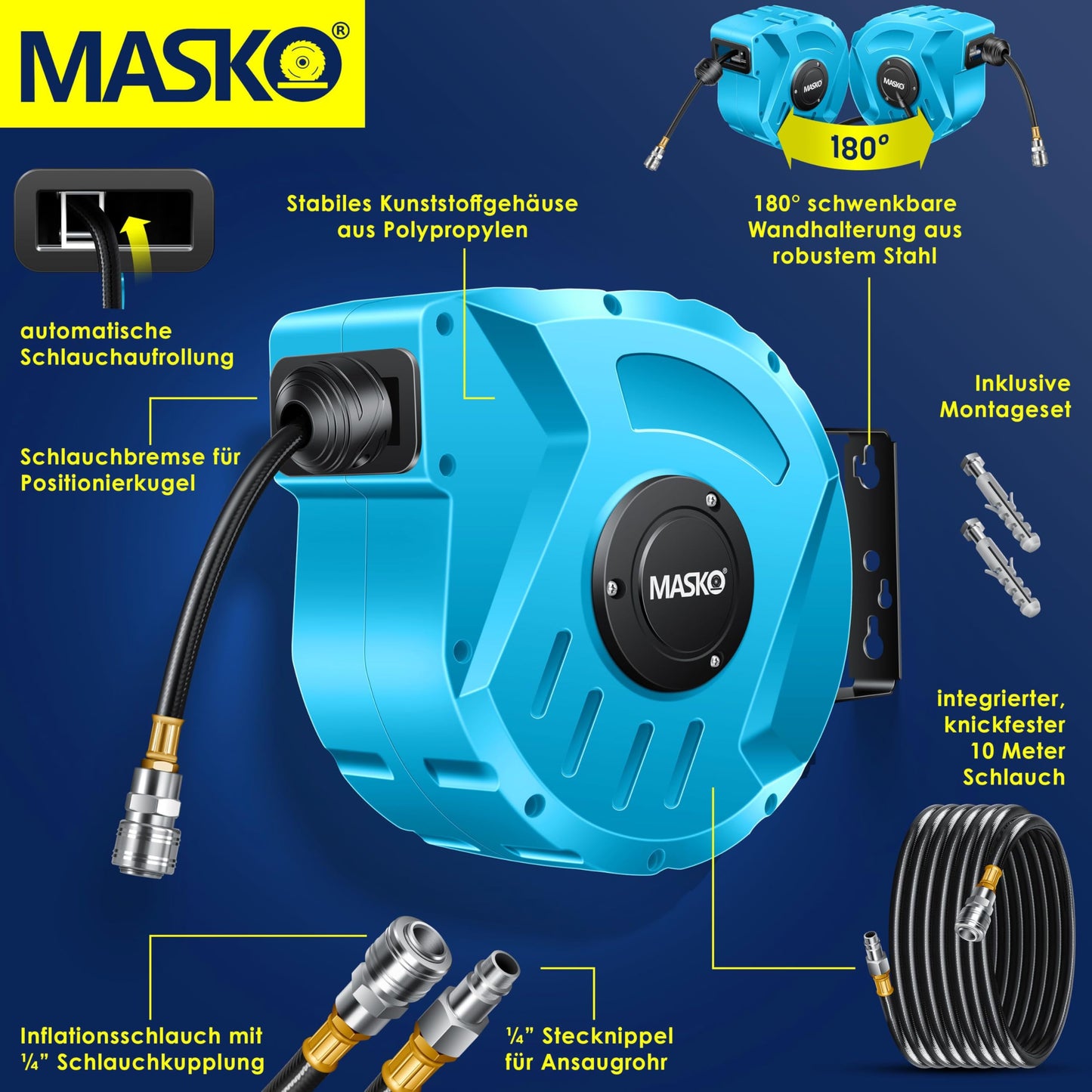 MASKO® Druckluftschlauch Aufroller automatisch 1/4 Anschluss - Schlauchtrommel Wandschlauchhalter Schlauchaufroller - -trommel, Blau