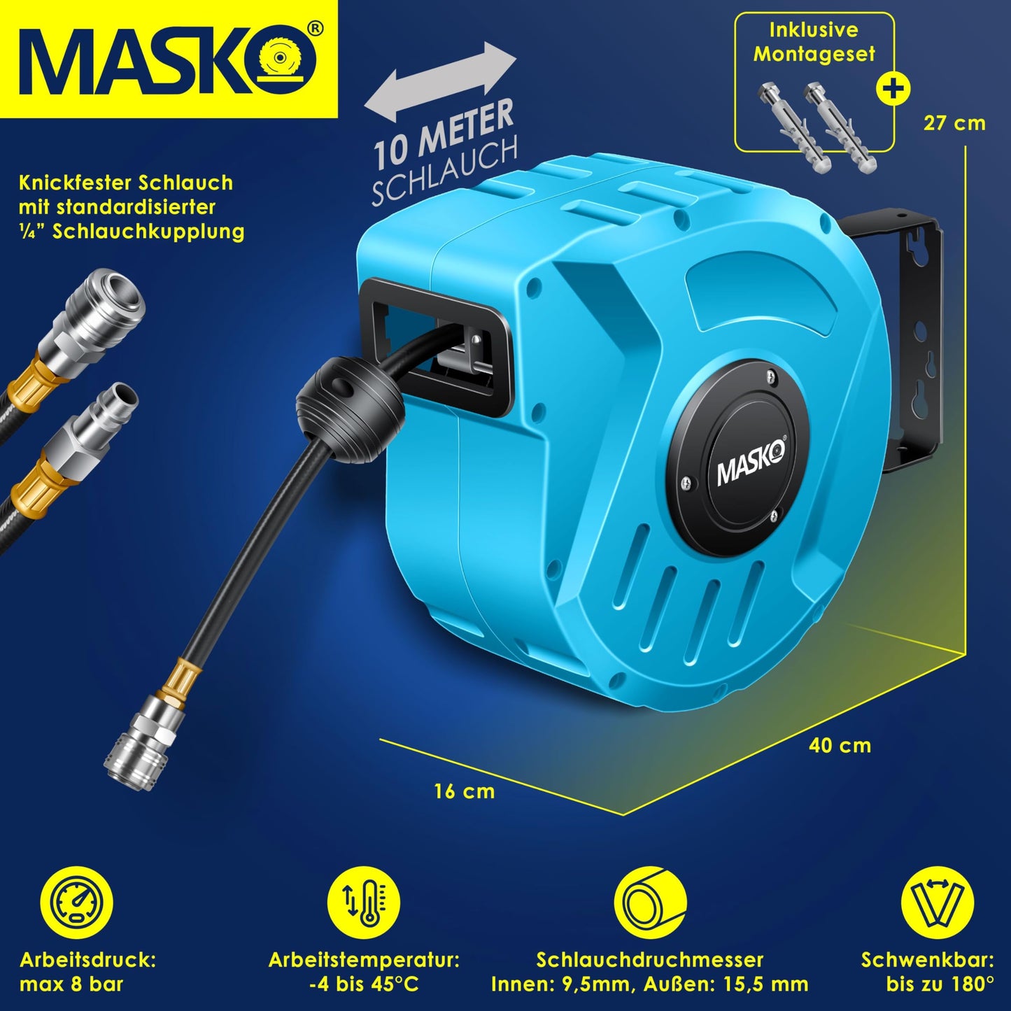 MASKO® Druckluftschlauch Aufroller automatisch 1/4 Anschluss - Schlauchtrommel Wandschlauchhalter Schlauchaufroller - -trommel, Blau