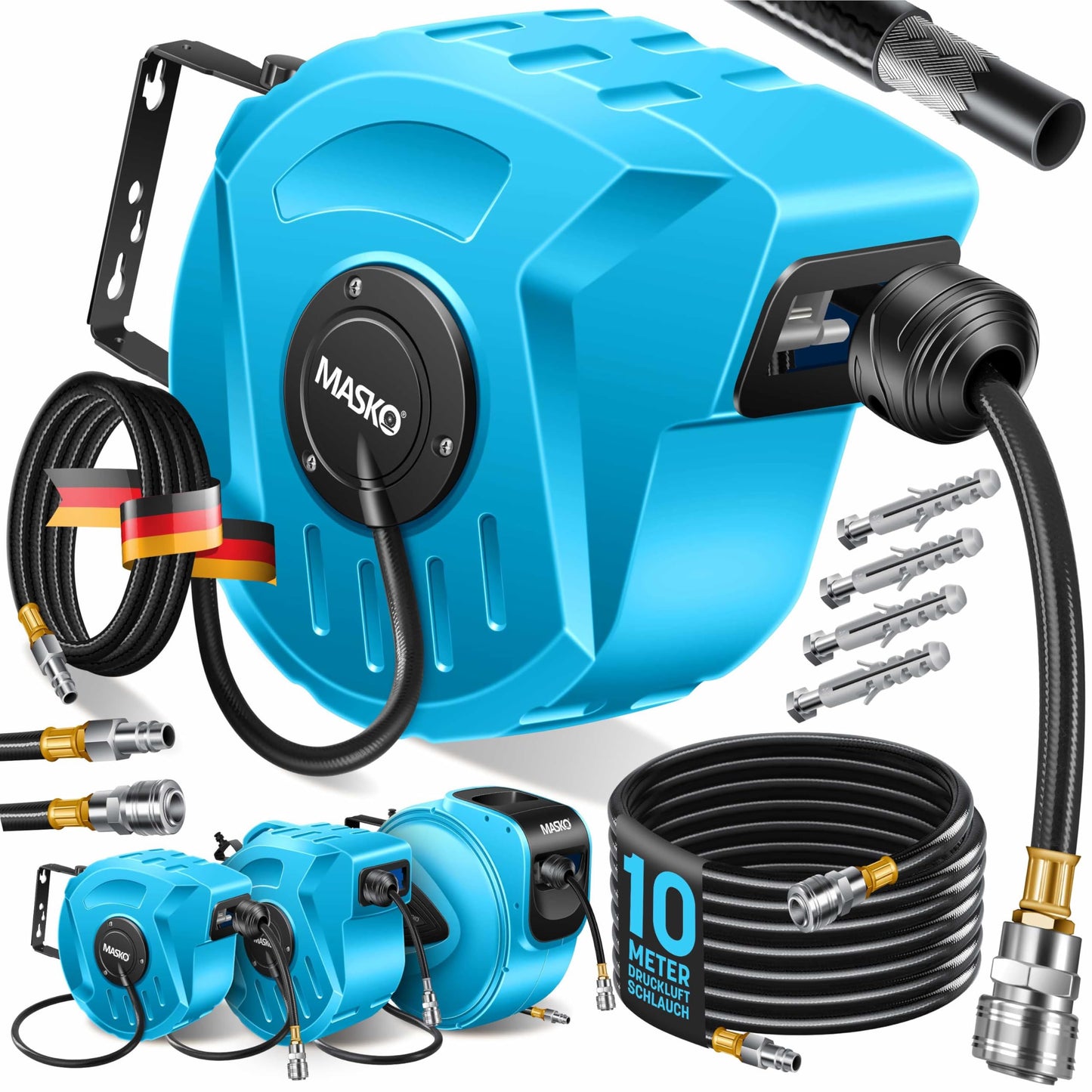 MASKO® Druckluftschlauch Aufroller automatisch 1/4 Anschluss - Schlauchtrommel Wandschlauchhalter Schlauchaufroller - -trommel, Blau