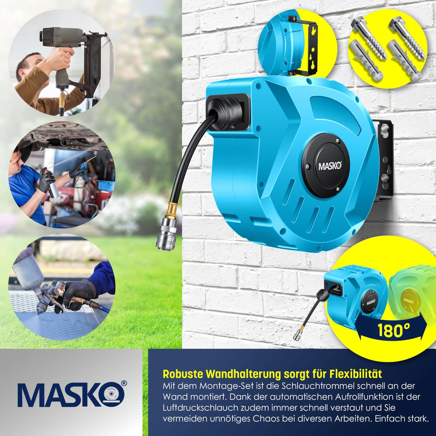 MASKO® Druckluftschlauch Aufroller automatisch 1/4 Anschluss - Schlauchtrommel Wandschlauchhalter Schlauchaufroller - -trommel, Blau