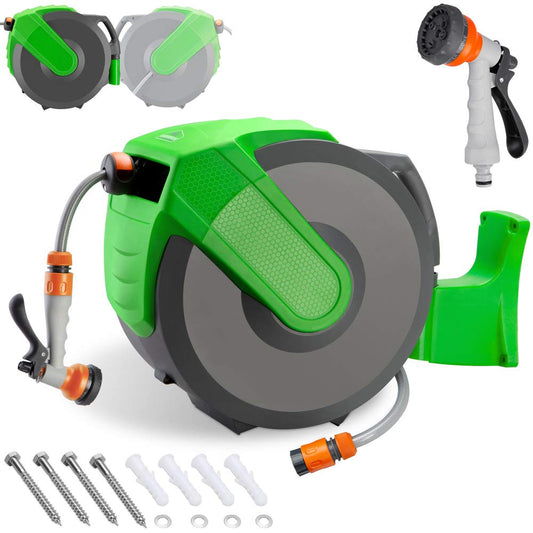 GARDEBRUK® Schlauchtrommel 30 + 2m Schlauchaufroller Wasser Handbrause 7 Funktionen 180° Schwenkbar Aufwickelstopper Gartenschlauch Grün