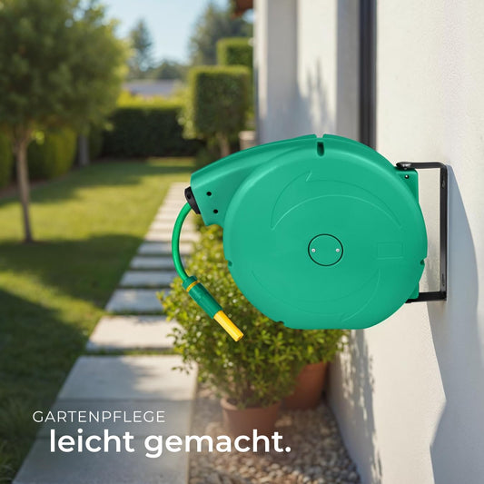 tectake® Schlauchtrommel 20 m – Wandmontage, ½" Gartenschlauch, automatischer Aufroller mit Einzugsautomatik