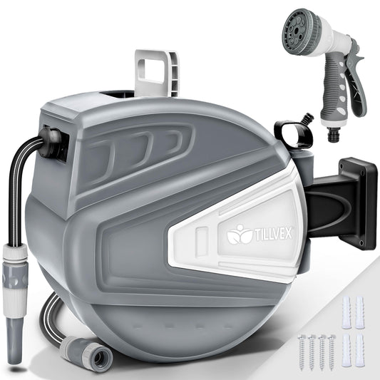 tillvex Schlauchtrommel 30+2 m – Automatik-Aufroller mit Handbrause, Wandhalterung, Tragegriff, 180° schwenkbar, grau