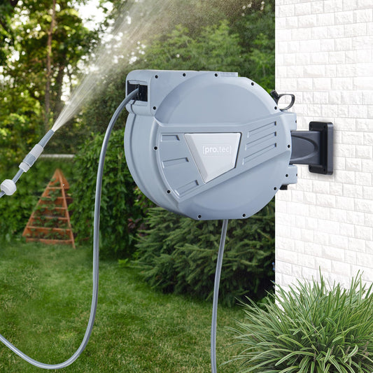pro.tec Schlauchtrommel Amersfoort 20m + 2m Gartenschlauch Trommel Wand Schlauchaufroller Automatik flexibel Wasserschlauch Wandtrommel Grau