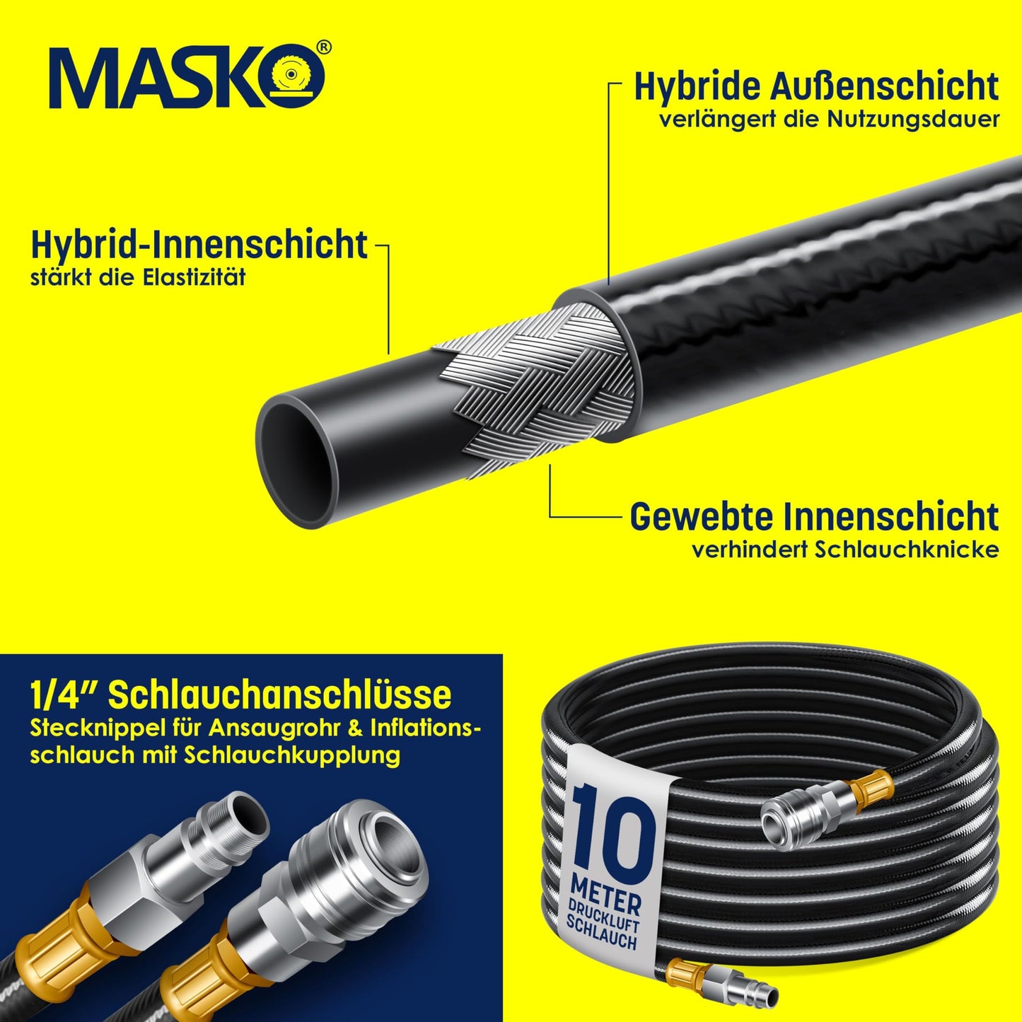 MASKO® Druckluftschlauch Aufroller automatisch 1/4 Anschluss - Schlauchtrommel Wandschlauchhalter Schlauchaufroller - -trommel, Blau