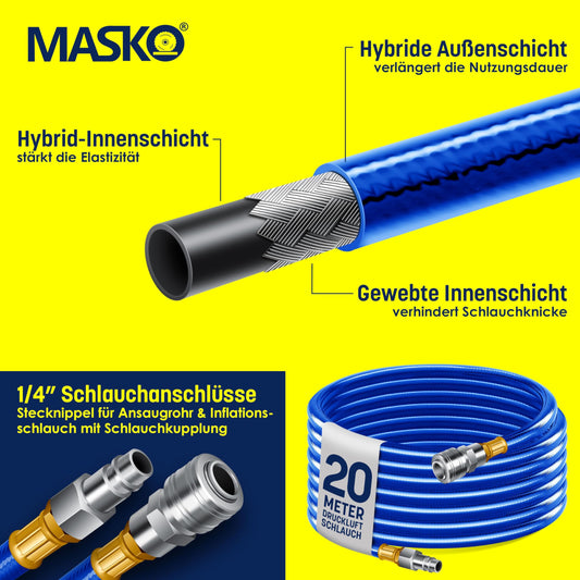 Masko Druckluftschlauch-Aufroller 20 m – Automatisch, ¼" Anschluss, Wandhalterung, Grau