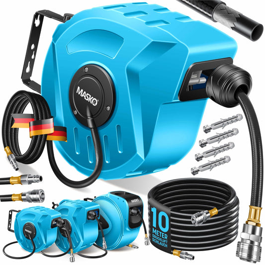 MASKO® Druckluftschlauch Aufroller automatisch 1/4 Anschluss - Schlauchtrommel Wandschlauchhalter Schlauchaufroller - -trommel, Blau