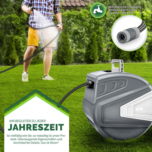 tillvex Schlauchtrommel 30+2 m – Automatik-Aufroller mit Handbrause, Wandhalterung, Tragegriff, 180° schwenkbar, grau