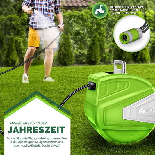 tillvex Schlauchtrommel Wasser 30+2m mit Wandhalterung + Tragegriff | Schlauchaufroller mit Handbrause und Gartenschlauch | 180° Schwenkbar | Wand-Schlauchbox mit Aufroll-Automatik | Grün